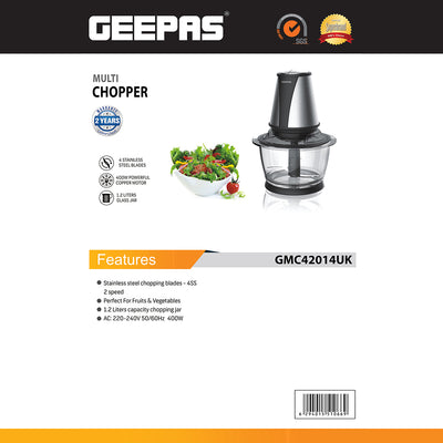 Geepas GMC42014 Multi Chopper | 400W Powerful Motor | 2-Speed Control | 1.2L Durable Glass Bowl | Stainless Steel Blades | Compact Food Processor | 2-Year Warranty