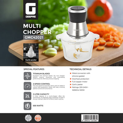 Geepas GMC42021 2L Multi Chopper |500W | Titanium Blades, 2-Speed Control & Glass Bowl | Garlic peeler attachment | Metal connector with silicone gasket | 2-YearWarranty