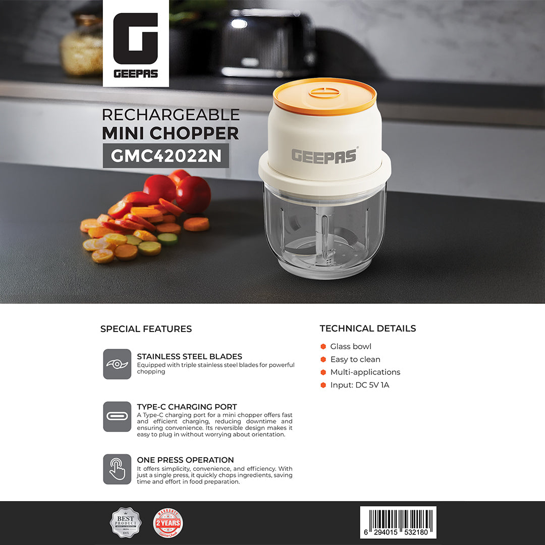 Geepas GMC42022N Rechargeable Mini Chopper | Durable Stainless Steel Blades| Hygienic Glass Bowl| Type-C Fast Charging| Easy One-Press Operation | 2 Years Warranty