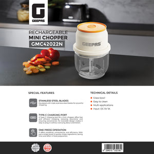 Geepas GMC42022N Rechargeable Mini Chopper | Durable Stainless Steel Blades| Hygienic Glass Bowl| Type-C Fast Charging| Easy One-Press Operation | 2 Years Warranty