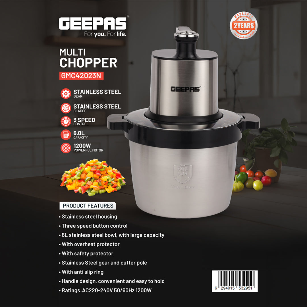 Geepas 6L Commercial Multi Chopper GMC42023 | Powerful 1000W Motor | Stainless Steel Bowl | 4 Sharp Blades | 2 Speed Settings & Pulse Function | Durable & Easy to Clean