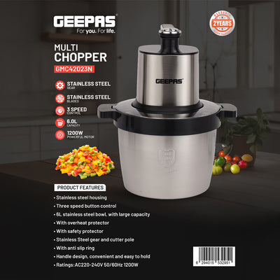 Geepas 6L Commercial Multi Chopper GMC42023 | Powerful 1000W Motor | Stainless Steel Bowl | 4 Sharp Blades | 2 Speed Settings & Pulse Function | Durable & Easy to Clean