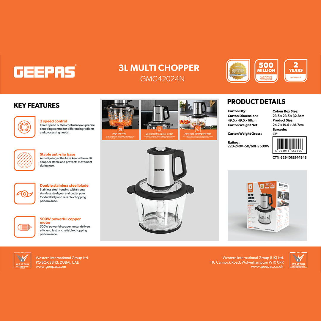 Geepas GMC42024 Multi Chopper | 3L Glass Bowl | 500W Powerful Motor | Stainless Steel Double Blade | 3 Speed Control & Safety Protection for Fast Food Preparation