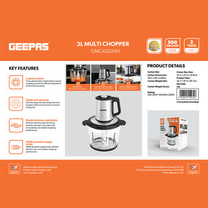 Geepas GMC42024 Multi Chopper | 3L Glass Bowl | 500W Powerful Motor | Stainless Steel Double Blade | 3 Speed Control & Safety Protection for Fast Food Preparation