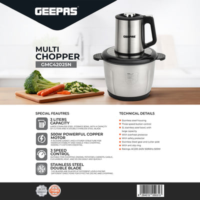 Geepas GMC42025 Multi Chopper | 500W| 3L Stainless Steel Bowl | 3-Speed Control| Stainless Steel Double Blades | Heavy Duty Food Processor with 2-Year Warranty