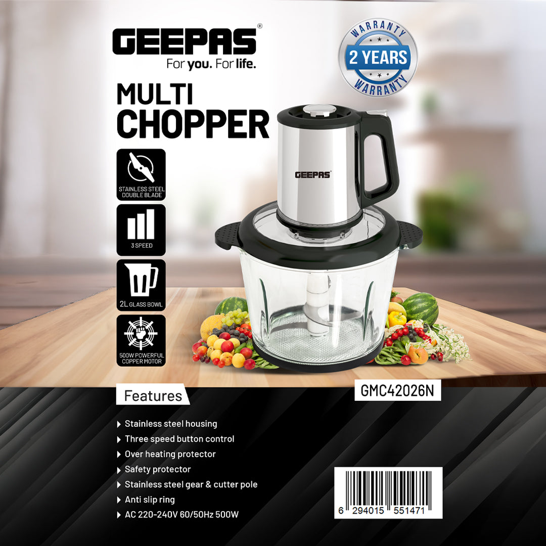 Geepas GMC42026 Multi Chopper | 500W Powerful Motor, 2L Durable Glass Bowl| 3-Speed Button Control| Stainless Steel  Double Blades | Safety Protector | 2-Year Warranty