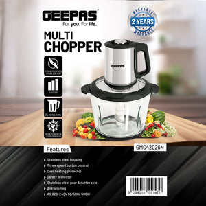 Geepas GMC42026 Multi Chopper | 500W Powerful Motor, 2L Durable Glass Bowl| 3-Speed Button Control| Stainless Steel  Double Blades | Safety Protector | 2-Year Warranty
