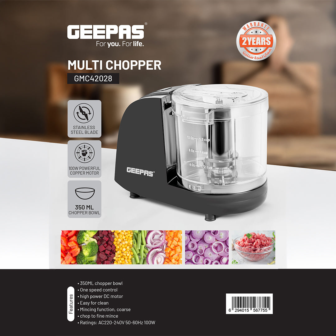 Geepas 350 ml Multi Chopper- GMC42028 | 100W Compact Chopper with Mincing, Coarse & Fine Options | Suitable for Vegetables, Fruits & Meat | Black, 2-Year Warranty