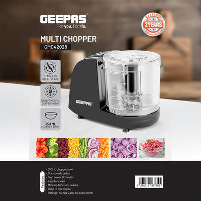 Geepas 350 ml Multi Chopper- GMC42028 | 100W Compact Chopper with Mincing, Coarse & Fine Options | Suitable for Vegetables, Fruits & Meat | Black, 2-Year Warranty