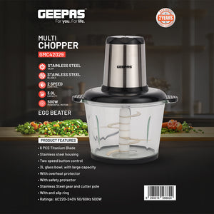 Geepas 3L Multi Chopper- GMC42029 | 500W Compact Multi-Purpose Chopper with Mincing, Coarse & Fine Cutting | Stainless Steel Housing, Cutter Pole & Gear | 2Year Warranty