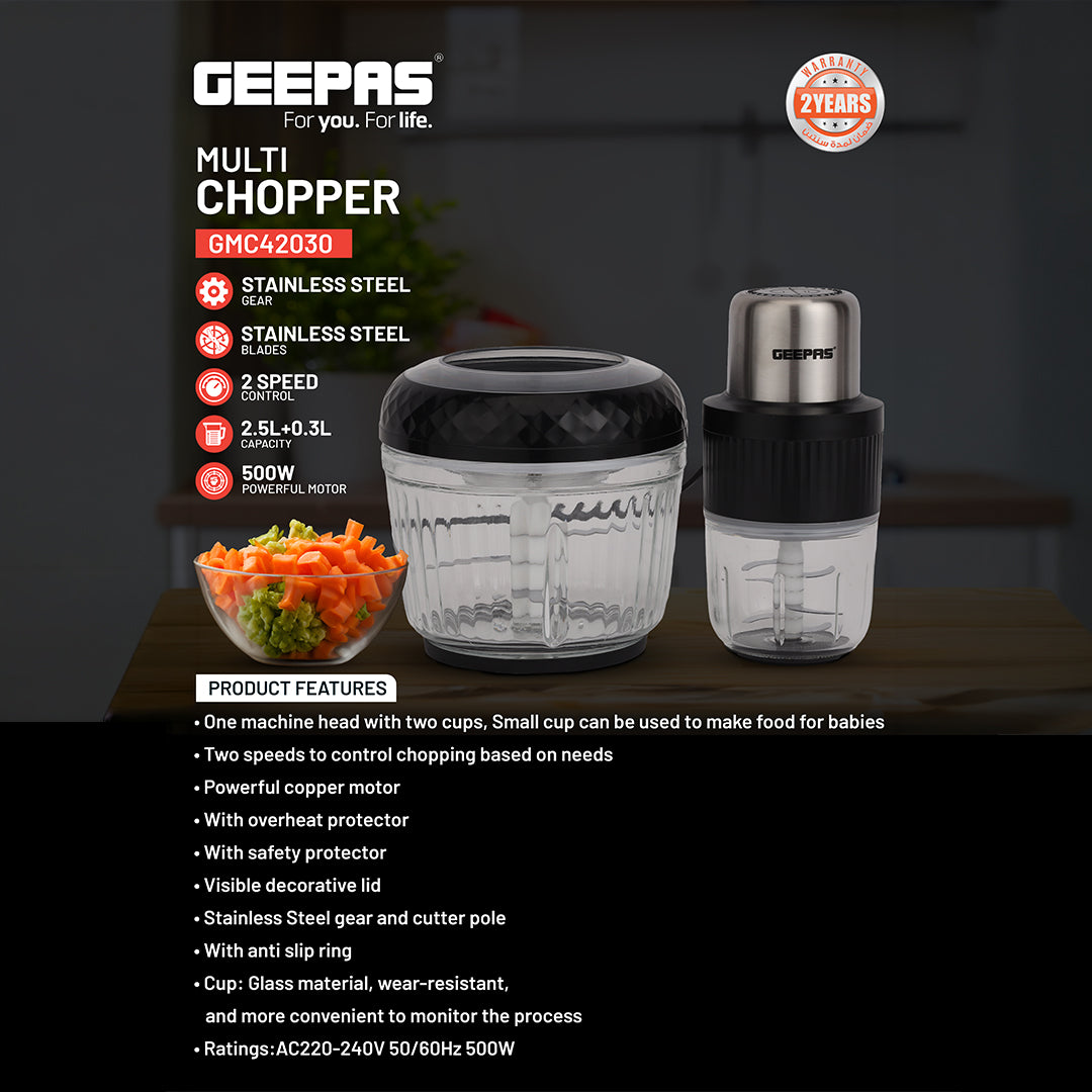 Geepas Multi Chopper- GMC42030/ 500W, 2.5L & 0.3L Cups, Compact Multi-Purpose Chopper with Mincing, Coarse & Fine Cutting/ Stainless Steel, Black & Silver, 2Y Warranty