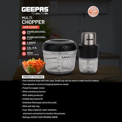 Geepas Multi Chopper- GMC42030/ 500W, 2.5L & 0.3L Cups, Compact Multi-Purpose Chopper with Mincing, Coarse & Fine Cutting/ Stainless Steel, Black & Silver, 2Y Warranty