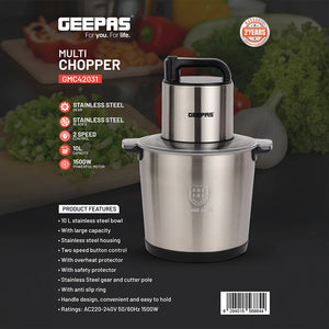 Geepas GMC42031 Multi Chopper |10L Stainless Steel Bowl |1500W Powerful Motor |2 Speed Settings with Pulse Function | Heavy-Duty| Durable| Easy to Clean| 2-Year Warranty|