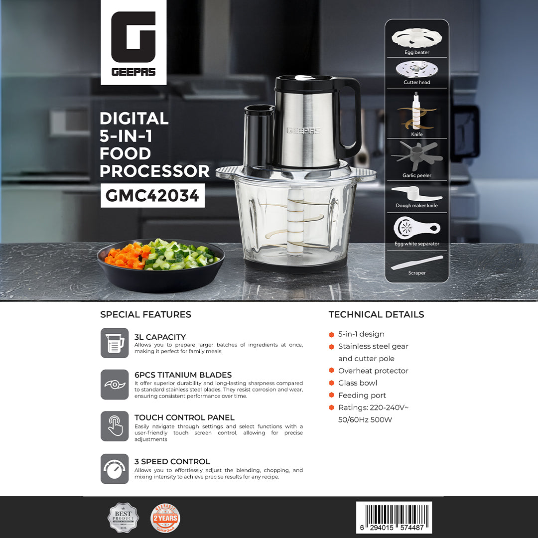 Geepas Digital 5-in-1 Food Processor GMC42034 – 500W, 3L Glass Bowl, Stainless Steel Gear, Titanium Blades, 6 Attachments, Touch Control, 2-Year Warranty