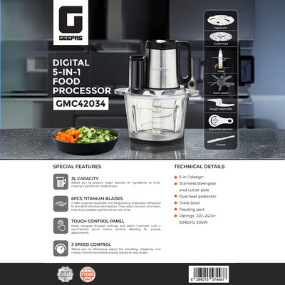 Geepas Digital 5-in-1 Food Processor GMC42034 – 500W, 3L Glass Bowl, Stainless Steel Gear, Titanium Blades, 6 Attachments, Touch Control, 2-Year Warranty