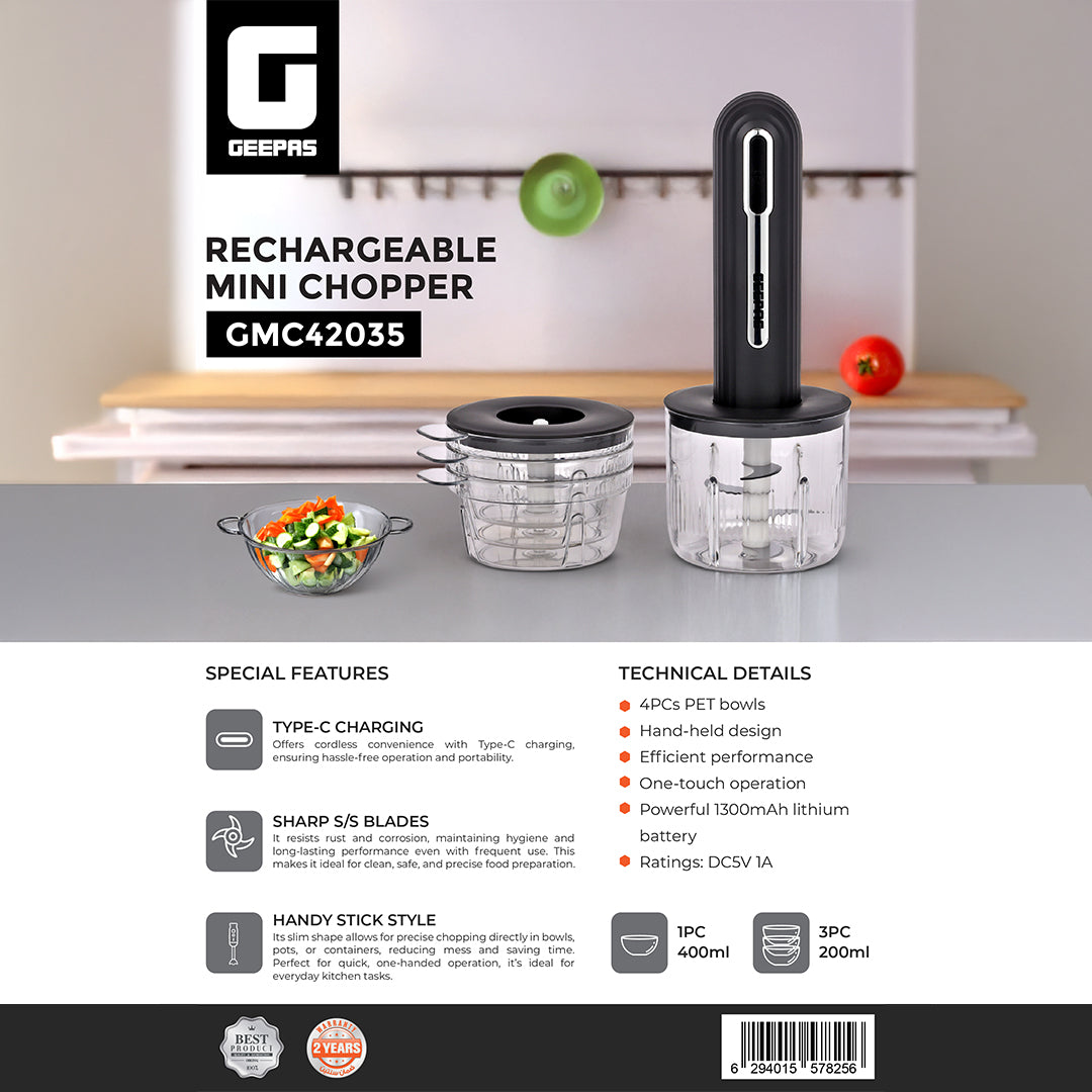 Geepas Rechargeable Mini Chopper- GMC42035/ Compact Multi-Purpose Chopping Machine, Stainless Steel Blade Assembly/ 4 pcs PET Bowls, 1 400 ml and 3200 ml/2-Year Warranty