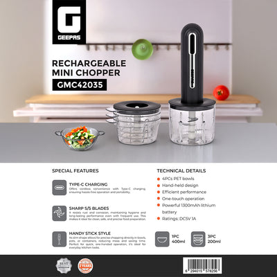 Geepas Rechargeable Mini Chopper- GMC42035/ Compact Multi-Purpose Chopping Machine, Stainless Steel Blade Assembly/ 4 pcs PET Bowls, 1 400 ml and 3200 ml/2-Year Warranty