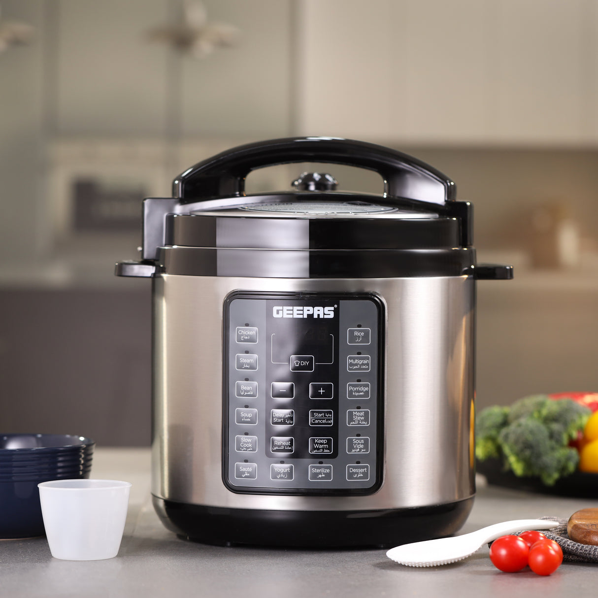 Geepas Digital Multi Cooker GMC5326 |6L Capacity|  1000W Power| 14 Intelligent Cooking Programs|  LED Display| Non-Stick Inner Pot| Safety Protection | 2-Year Warranty