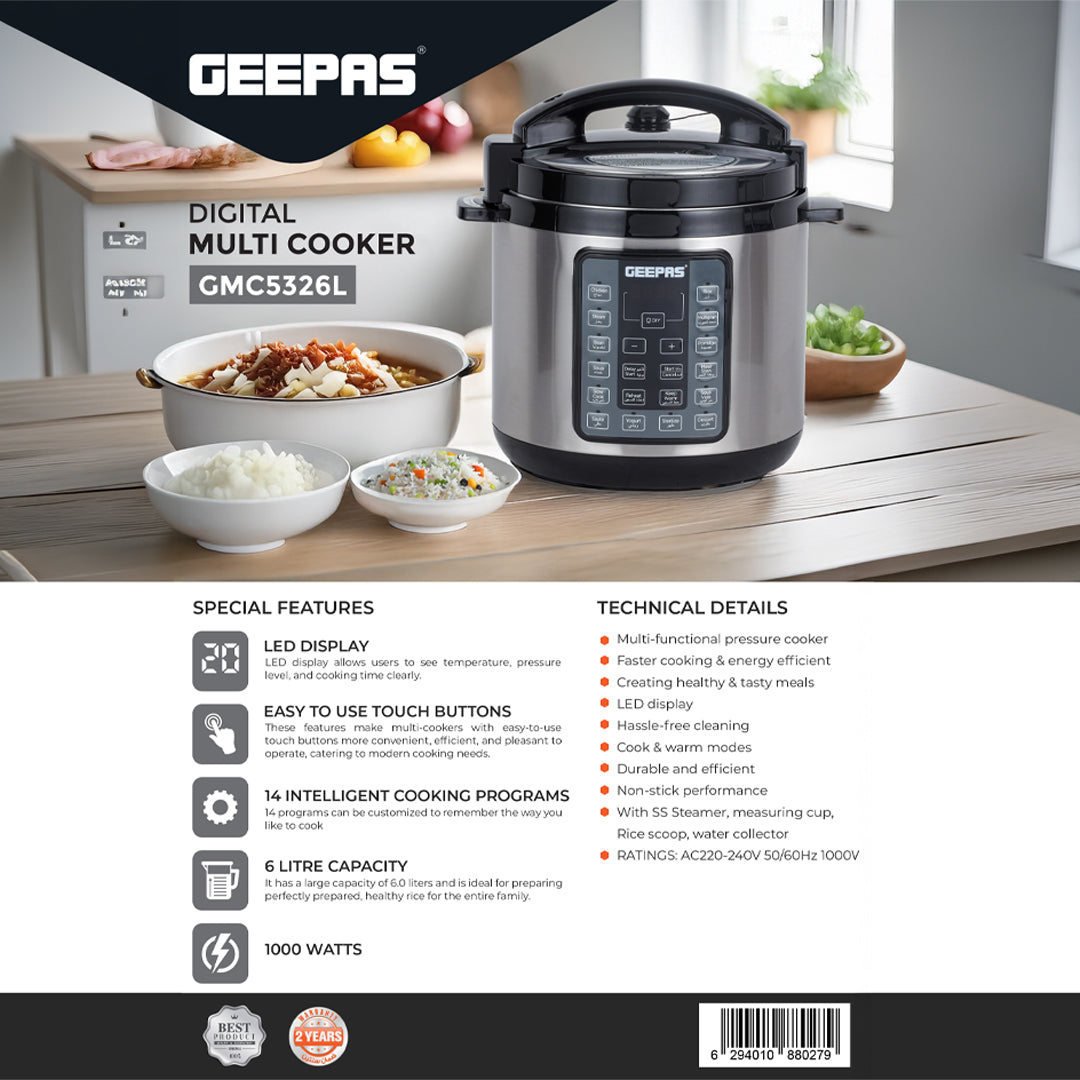Geepas Digital Multi Cooker GMC5326 |6L Capacity|  1000W Power| 14 Intelligent Cooking Programs|  LED Display| Non-Stick Inner Pot| Safety Protection | 2-Year Warranty