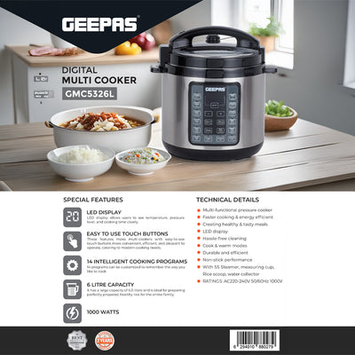 Geepas Digital Multi Cooker GMC5326 |6L Capacity|  1000W Power| 14 Intelligent Cooking Programs|  LED Display| Non-Stick Inner Pot| Safety Protection | 2-Year Warranty