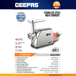 Geepas GMG1909 Stainless Steel Meat Grinder | 1600W Electric Meat Mincer| Powerful Motor| Reverse Function| 3 Cutting Blade| Sausage & Kubbe Accessories| Durable Design