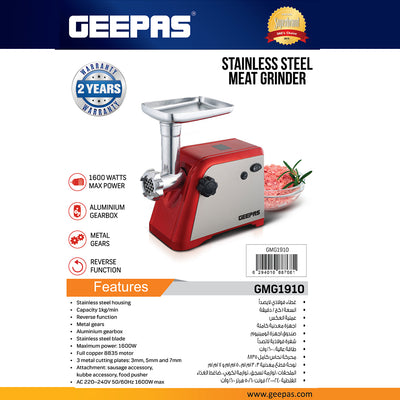 Geepas GMG1910 Stainless Steel Meat Grinder | 1600W | Aluminium Gearbox| Reverse Function| 3 Cutting Plates| Sausage & Kubbe Accessories| Food Pusher| 2 Years Warranty