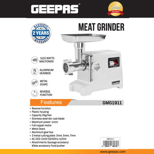 Geepas GMG1911 Meat Grinder | 1600W Powerful Motor| Reverse Function| Stainless Steel Blade| Aluminium Gearbox| 3 Cutting Plates| Sausage & Kebbe Accessories| Food Pusher