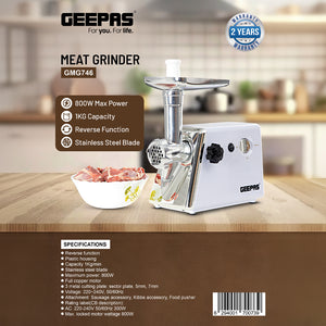 Geepas GMG746 1200W Meat Grinder | Stainless Steel Blade | Reverse Function | Full Copper Motor | Heavy Duty Performance for Fast & Efficient Home Kitchen Meat Grinding