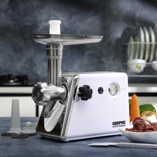 Geepas GMG765 8-in-1 Meat Grinder | 1500W Powerful Motor | Reverse Function | 3 Metal Cutting Blade | Meat Mincer, Sausage Grinder  | Vegetable & Grater Attachments