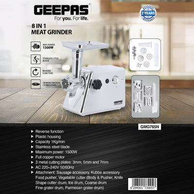 Geepas GMG765 8-in-1 Meat Grinder | 1500W Powerful Motor | Reverse Function | 3 Metal Cutting Blade | Meat Mincer, Sausage Grinder  | Vegetable & Grater Attachments