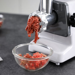Geepas GMG746 Meat Grinder online. 800W power, stainless steel blades, reverse function, 3 cutting plates, sausage & kubbe attachments. Grind 1kg/min. 2-year warranty