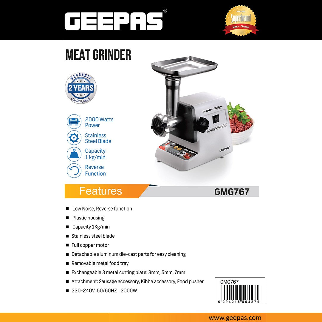 Geepas GMG767 Electric Meat Grinder | 800W Full Copper Motor| Reverse Function| Multi-Function| Stainless Steel Blade| Convenient Metal Cutting Plates| Metal Gears |