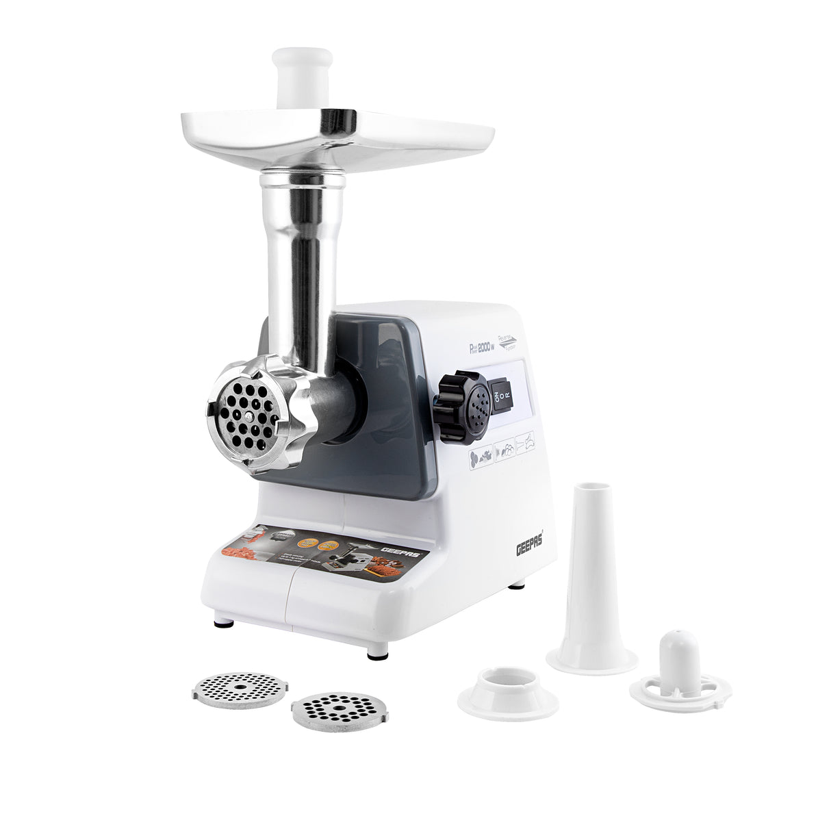 Geepas GMG746 Meat Grinder online. 800W power, stainless steel blades, reverse function, 3 cutting plates, sausage & kubbe attachments. Grind 1kg/min. 2-year warranty