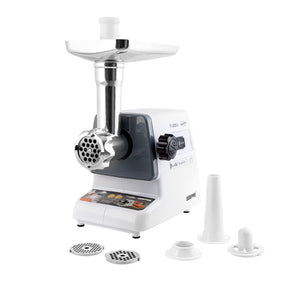 Geepas GMG746 Meat Grinder online. 800W power, stainless steel blades, reverse function, 3 cutting plates, sausage & kubbe attachments. Grind 1kg/min. 2-year warranty