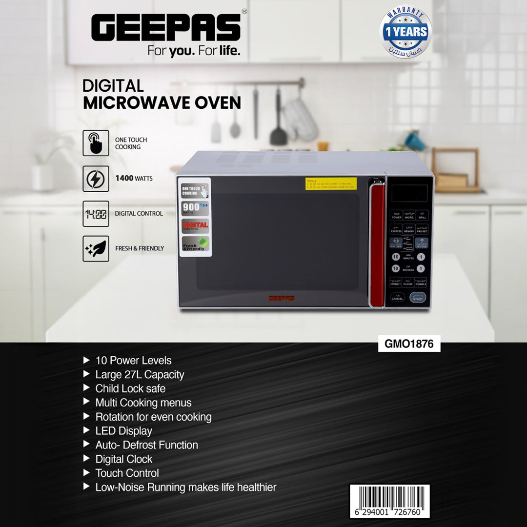 Geepas Digital Microwave Oven GMO1876 | 27L Capacity| 1400W Powerful Performance| Touch Control Panel| Multi-Cooking Functions| Defrost & Reheat Options| 1 Year Warranty