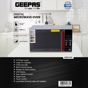 Geepas Digital Microwave Oven GMO1876 | 27L Capacity| 1400W Powerful Performance| Touch Control Panel| Multi-Cooking Functions| Defrost & Reheat Options| 1 Year Warranty