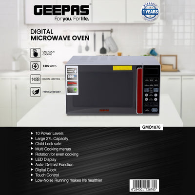 Geepas Digital Microwave Oven GMO1876 | 27L Capacity| 1400W Powerful Performance| Touch Control Panel| Multi-Cooking Functions| Defrost & Reheat Options| 1 Year Warranty
