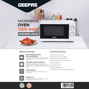 Geepas GMO1894 20L Solo Microwave Oven 1200W | 6 Power Levels | Fast Defrost & Timer |  Mechanical rotary controls | Durable painted steel cavity | Push-button door