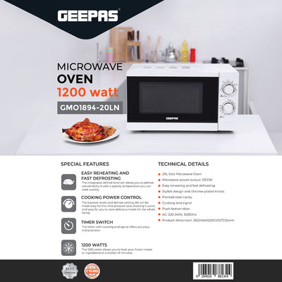 Geepas GMO1894 20L Solo Microwave Oven 1200W | 6 Power Levels | Fast Defrost & Timer |  Mechanical rotary controls | Durable painted steel cavity | Push-button door