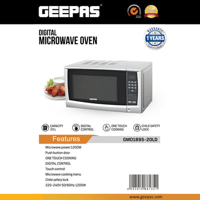 Geepas Digital Microwave Oven GMO1895 | 20L Capacity | 1200W Power | Digital Control Panel | One-Touch Cooking Functions| Defrost & Reheat Options|  1 Year Warranty