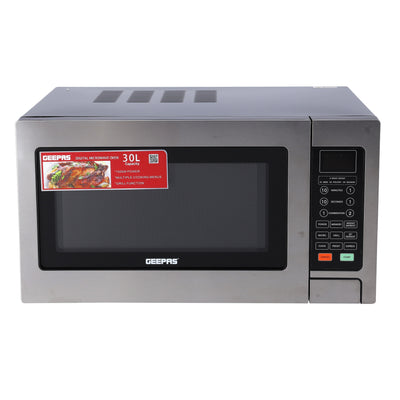 Geepas  Digital Grill Microwave Oven GMO1897 |30L |1000W | Multiple Cooking Menus| Child Safety Lock| Digital Control Panel | Reheating, Defrost & Grill | 1-Year Warranty
