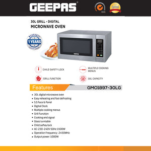 Geepas  Digital Grill Microwave Oven GMO1897 |30L |1000W | Multiple Cooking Menus| Child Safety Lock| Digital Control Panel | Reheating, Defrost & Grill | 1-Year Warranty