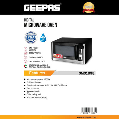 Geepas Digital Microwave Oven GMO1898 | 40L Large Capacity |  1500W Powerful Performance|  Touch Control Panel, Multi-Cooking & Defrost Functions |  2 Years Warranty