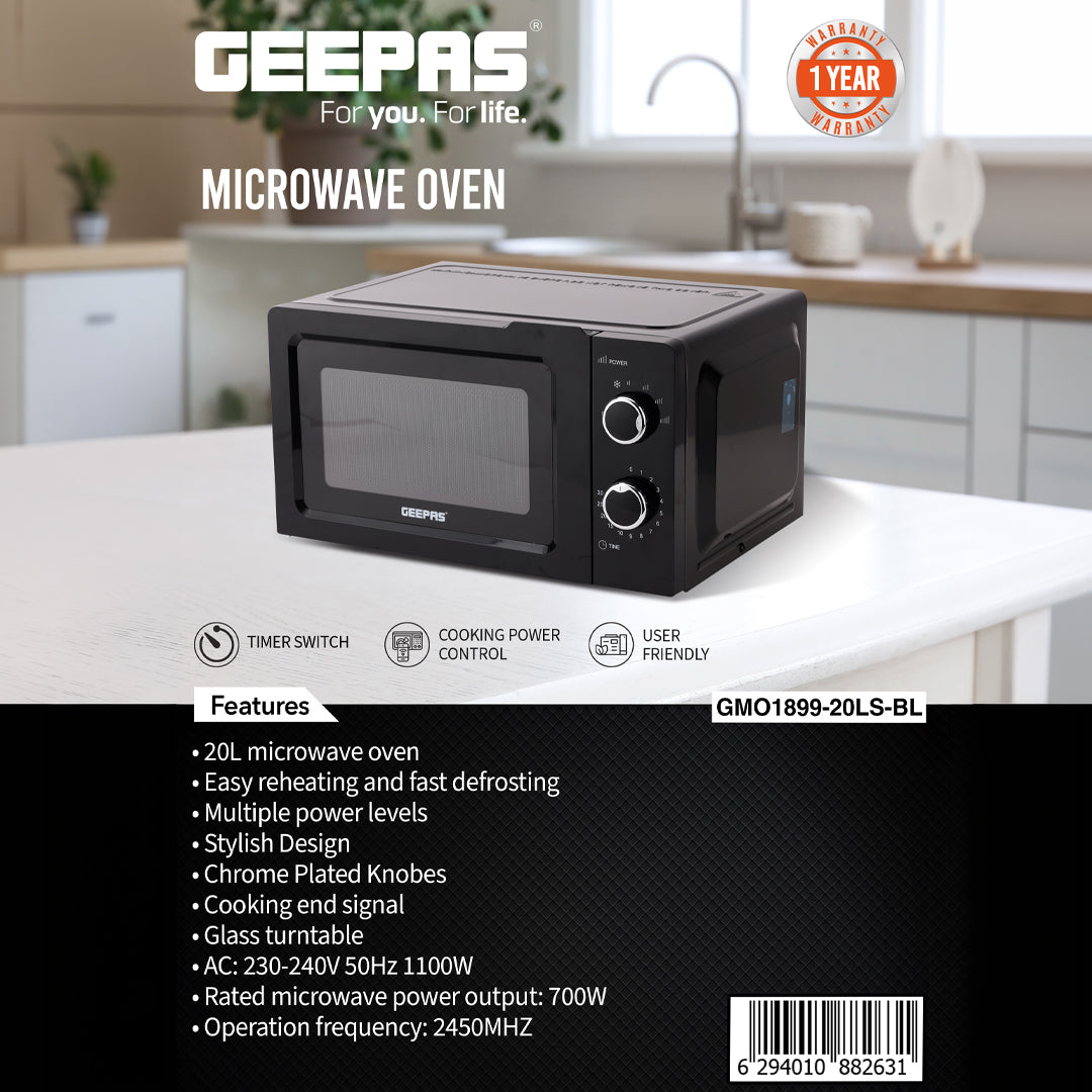 Geepas 20L Microwave Oven GMO1899 | Stylish & Efficient Microwave Oven | Multiple Power Levels| Defrost & Timer Function| Compact Design| Easy Operation | 1 Year Warranty