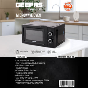 Geepas 20L Microwave Oven GMO1899 | Stylish & Efficient Microwave Oven | Multiple Power Levels| Defrost & Timer Function| Compact Design| Easy Operation | 1 Year Warranty