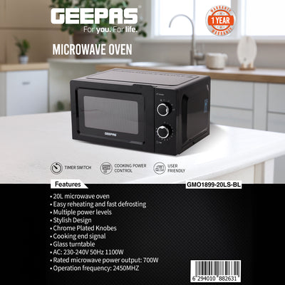 Geepas 20L Microwave Oven GMO1899 | Stylish & Efficient Microwave Oven | Multiple Power Levels| Defrost & Timer Function| Compact Design| Easy Operation | 1 Year Warranty
