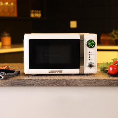 Geepas 20L  Digital Microwave Oven- GMO2025CW  | 700W Power | 12 Quick Start Presets | Defrost Function | Child Lock|  Stylish Retro Design |   Compact & Efficient