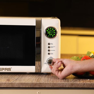 Geepas 20L  Digital Microwave Oven- GMO2025CW  | 700W Power | 12 Quick Start Presets | Defrost Function | Child Lock|  Stylish Retro Design |   Compact & Efficient