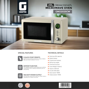 Geepas 20L  Digital Microwave Oven- GMO2025CW  | 700W Power | 12 Quick Start Presets | Defrost Function | Child Lock|  Stylish Retro Design |   Compact & Efficient