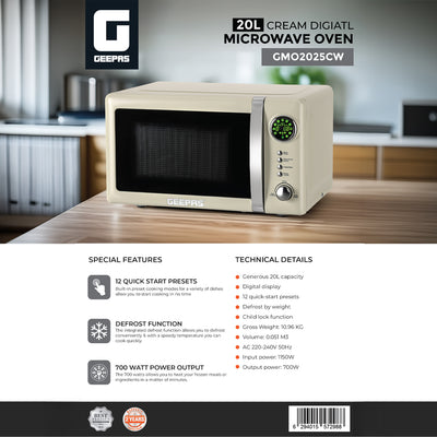 Geepas 20L  Digital Microwave Oven- GMO2025CW  | 700W Power | 12 Quick Start Presets | Defrost Function | Child Lock|  Stylish Retro Design |   Compact & Efficient